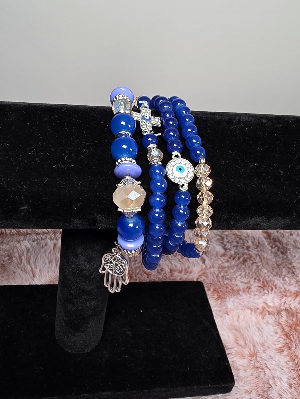 Blue Beaded Stackable Bracelet Set with Hamsa Charm
